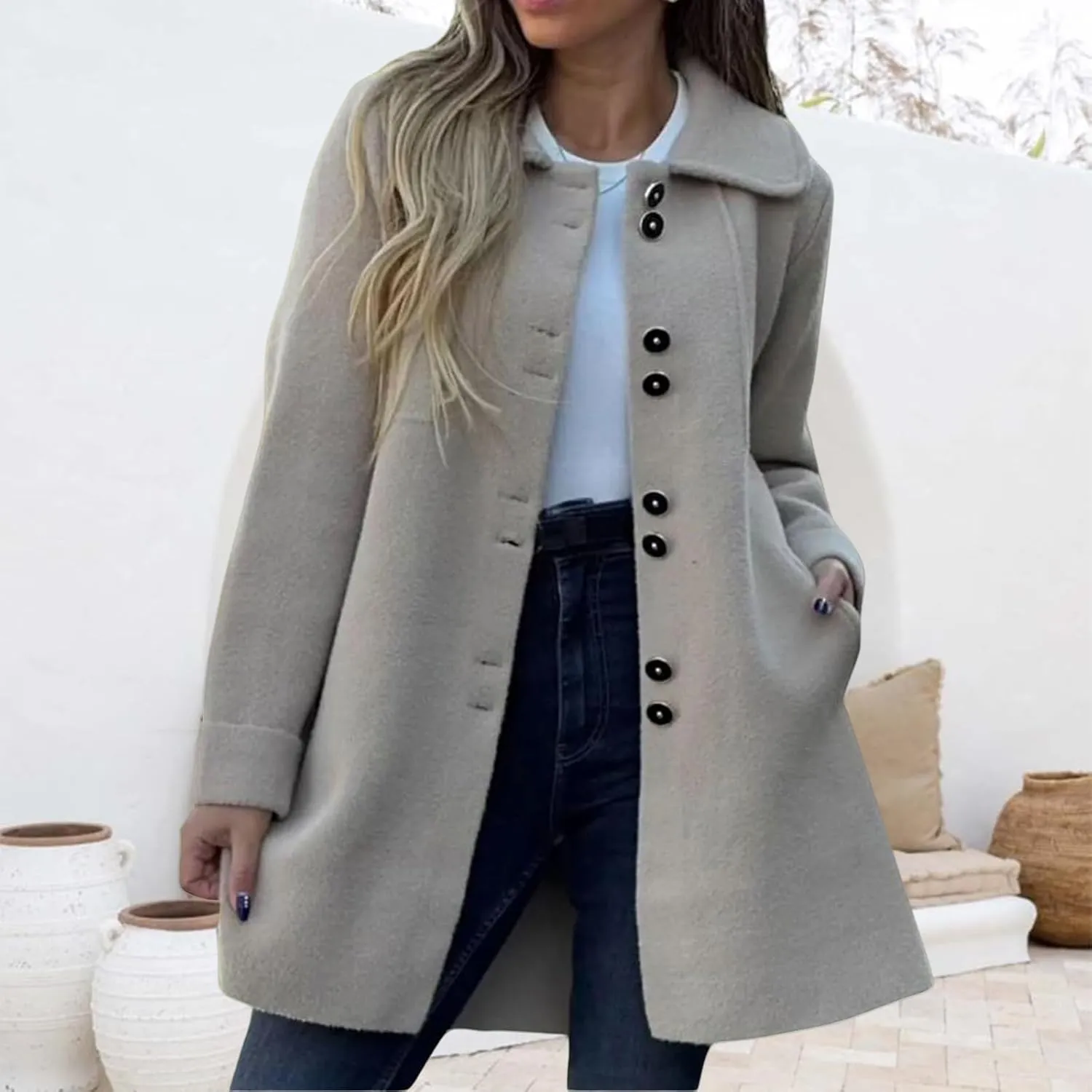 ZWRXW Womens Winter Wool Blend Coat Single Breasted Lapel Collar Pea Coat Fall Winter Elegant Overcoat Outerwear with Pockets